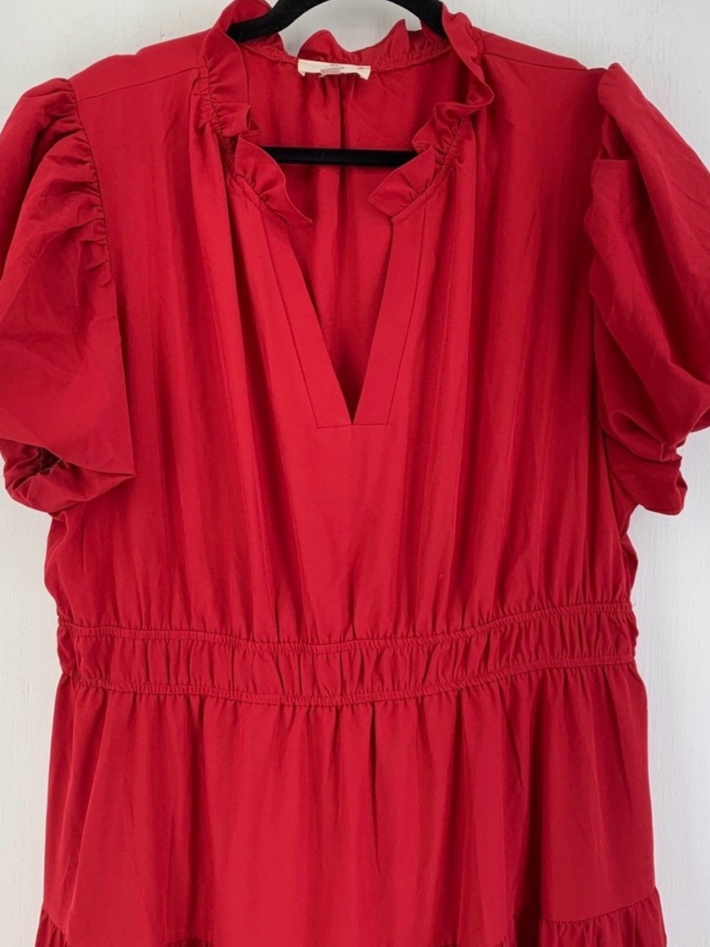 Entro Red Tiered Maxi Dress 2X Ruffle V-Neck Puff Sleeve Romantic Prairie Casual